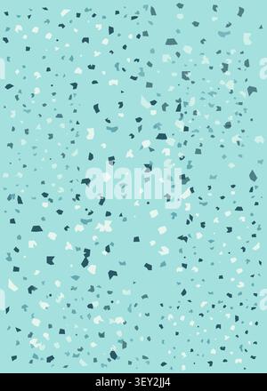 An abstract terrazzo texture pattern containing tiny shards of granite, quartz, and marble spread across a light dusty blue background. Stock Vector