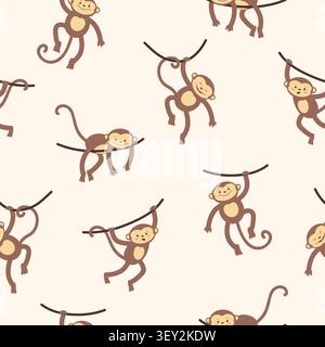 Cartoon monkeys hanging on lianas seamless pattern. Vector illustration for kids Stock Vector