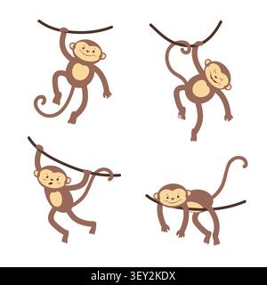 Set of cartoon monkey hanging on vine. Vector childish illustration Stock Vector