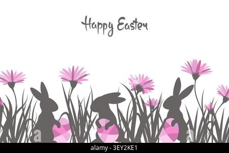 Easter card template with rabbits silhouettes and flowers. Vector illustration Stock Vector