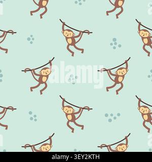Cute monkeys hanging on lianas. Vector childish seamless pattern Stock Vector