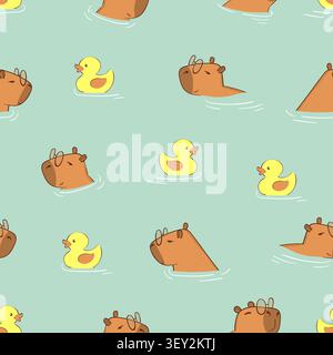 Swimming capybara and rubber duck seamless pattern. Vector illustration Stock Vector