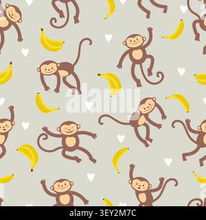 Cute cartoon mankeys and bananas seamless pattern. Vector illustration for kids Stock Vector