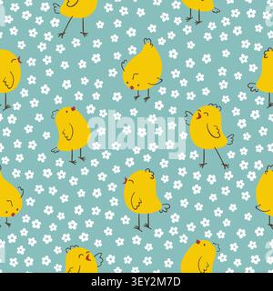 Seamless Easter pattern with cute yellow chickens and flowers. Vector illustration Stock Vector