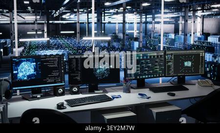 IT specialist reviews neural network visualization on computer screens in a server room during software debugging work. Stock Photo