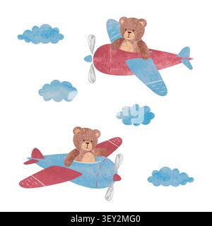 Teddy bear flying on airplane. Vector watercolor illustration Stock Vector