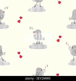Cute singing birds on clouds seamless pattern. Vector childish illustration Stock Vector