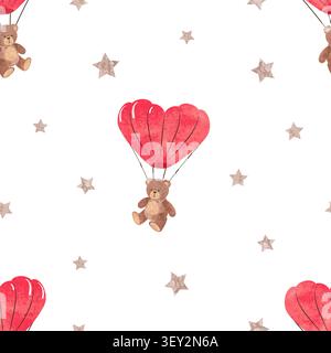 Flying Teddy bear with heart shaped parachute seamless pattern. Valentines Day or Baby shower vector illustration Stock Vector