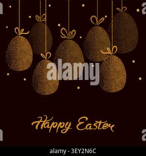 Easter card with hanging golden eggs. Vector holiday illustration Stock Vector