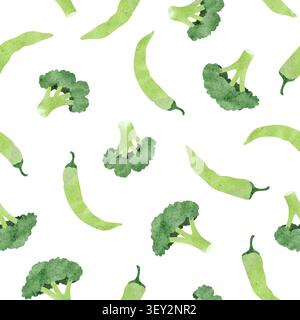 Green vegetables seamless pattern with watercolor broccoli and pepper Stock Vector