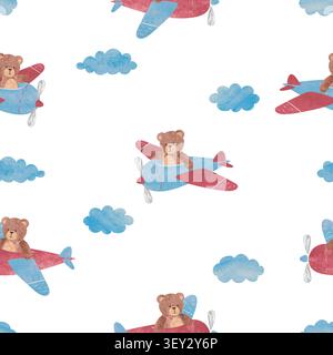 Seamless pattern with cute Teddy bears on planes. Baby print with cartoon pilots Stock Vector