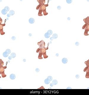 Seamless pattern with cartoon Teddy bear blowing soap bubbles. Vector watercolor print Stock Vector
