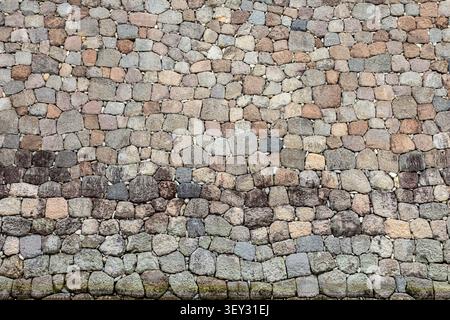 textured stone wall, background with shades of beige to brown, rounded rough stones in a seamless wall Stock Photo