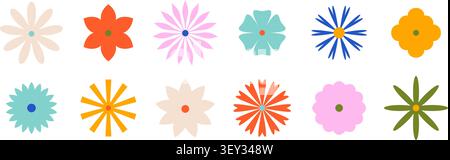 Retro flower shapes set. Cute bloom symbol collection. Abstract blossom element pack for sticker, poster, banner, decoration. Vintage groovy style chamomile or daisy design. Vector illustration Stock Vector