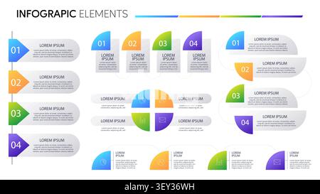 Set of professional business infographic elements with gradient numbered steps and circular icons in flat design Stock Vector