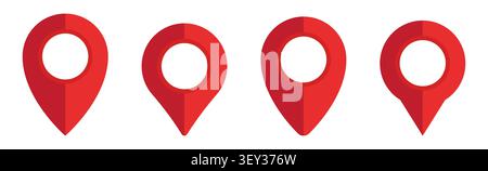 Set of four flat red location pin icons for map navigation and travel design elements Stock Vector