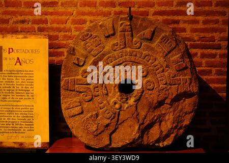 Oaxaca City, Oaxaca, Mexico – November 12, 2025: Circular Stone Carved Disk at Museo de las Culturas de Oaxaca Stock Photo
