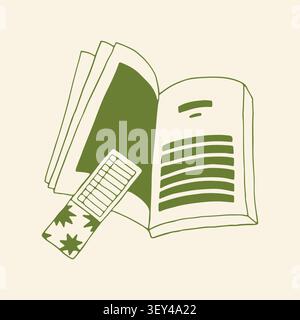 Doodle vector illustration of an open book with an olive green patterned page cover and a smaller, patterned tab insert. Line art of a reading process Stock Vector