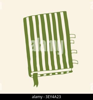 Doodle vector art of a closed hardcover book, standing slightly askew, with a green striped cover design and four bookmark ribbons of varying lengths Stock Vector