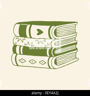 Vector illustration of four hardcover books in a stack, hand drawn in green line art. Spines feature patterns with hearts, stars, diamonds, and Stock Vector