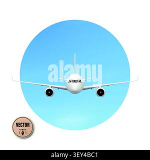 Vector 3d Airplane Front View. Airplane Icon, Airplane Illustration of a Passenger Aircraft in a Blue Circle Isolated. Aviation, Travel, Airline and Stock Vector
