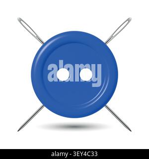 Vector 3d Blue Sewing Button With Needles Icon, Isolated. Tailoring Craft Symbol. Clothing Fastener, Needlework Accessories, Dressmaker Atelier Stock Vector