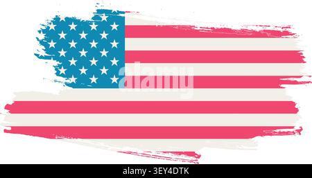 A fresh and contemporary take on the American flag created entirely from expressive paint brush strokes, featuring a vivid pink and bold blue color palette with crisp star and stripe patterns flowing across a textured painted surface. The dynamic, organic edges and sweeping brush marks give the flag a sense of motion and energy, blending patriotic symbolism with modern creative flair. Set against a clean white background, this vibrant design stands out beautifully for Independence Day and Fourth of July promotions, youth oriented patriotic events, fashion and lifestyle branding, social media g Stock Vector