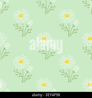 Daisy Floral Seamless Pattern on Sage Green Background Stock Vector