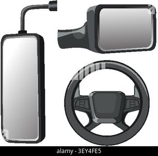 Flat vector graphics of automotive parts including a steering wheel and heavy-duty vehicle mirrors. Stock Vector