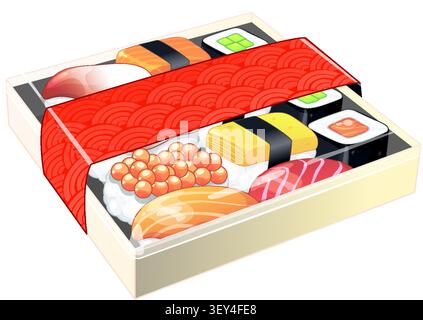 Isometric vector illustration of a sushi set in a box with a red wave sleeve Stock Vector