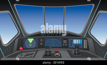 Vector illustration of a sci-fi cockpit featuring digital displays, radar screens, and flight controls. Stock Vector