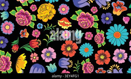 Vibrant vector illustration of traditional botanical motifs with bright flowers on a dark backdrop. Stock Vector
