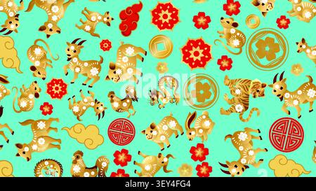 Vector illustration of golden zodiac animals and red floral motifs on a turquoise background. Stock Vector