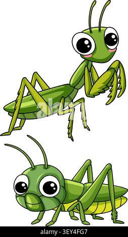 Two green insect characters with large eyes isolated on a white background in cartoon style Stock Vector