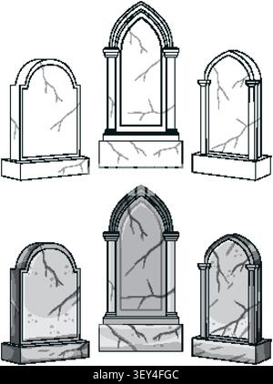 Collection of arched stone tombstones with cracks, clean line art, minimal shading, white background Stock Vector