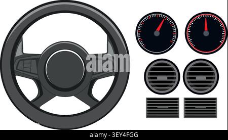 Flat vector graphics of a steering wheel, speedometers, and air vents on white background. Stock Vector