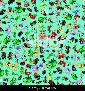 Colorful seamless vector illustration of various cartoon bugs and insects on a teal background. Stock Vector