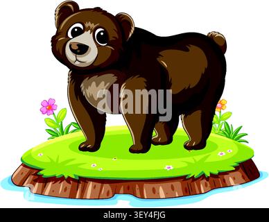 Smiling brown bear illustration on green island with flowers, bright colors, cartoon vector style Stock Vector
