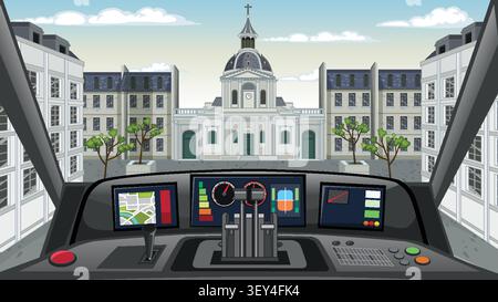 Flat vector illustration showing a vehicle dashboard overlooking a classic European plaza and cathedral. Stock Vector