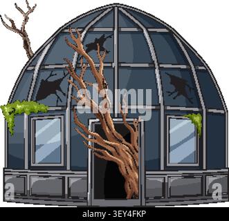 Vector illustration of ruined glass dome structure with broken windows, invading tree, and moss Stock Vector