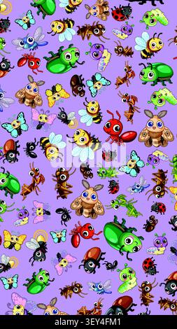 Seamless vector illustration of various colorful cartoon bugs and insects on a purple background. Stock Vector