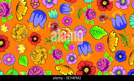 Vibrant vector illustration of traditional botanical motifs arranged in a seamless folk art style. Stock Vector