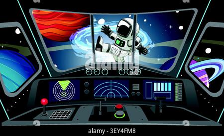Flat vector illustration of spaceship interior with astronaut floating past planets and control panels. Stock Vector