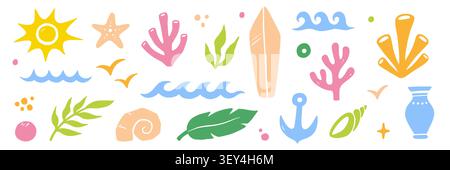 Summer icon sea abstract set. Hand drawn summer icon sea wave beach palm logo mediterranean pattern. Tropical shell ocean vacation island boho minimalist vintage background. Vector illustration Stock Vector