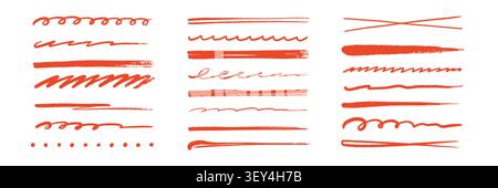 Brush line pencil underline set. Hand drawn brush line pencil stroke doodle pen marker red scribble texture. Highlight swoosh stripe swash pastel grunge handwritten background. Vector illustration Stock Vector