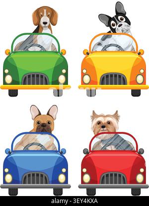 Four cute cartoon dogs driving colorful cars in a flat vector style on white background. Stock Vector