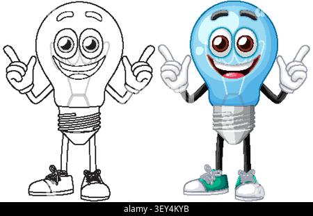 Playful smiling light bulb character mascot in color and outline for creative ideas and innovation. Stock Vector