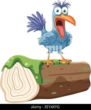 Vector illustration of a surprised blue bird perched on a mossy log with white background. Stock Vector