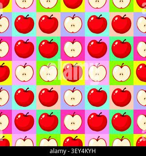 Vibrant vector illustration of whole and halved red apples arranged on a multicolored grid. Stock Vector