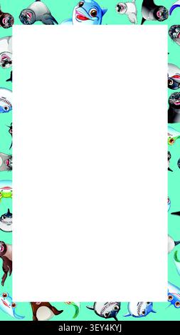 Vector illustration of sea creatures surrounding a white rectangular copy space on blue background. Stock Vector